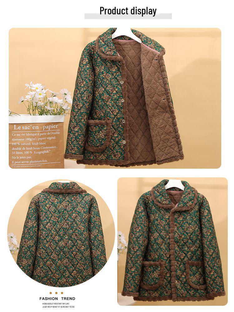 Jaqueta de Algodão Quente com Lapela Floral de Novo Estilo 2025 com Forro de Veludo para Mulheres de Meia-Idade e Idosas, Roupa Exterior Solta e Grossa para Outono e Inverno