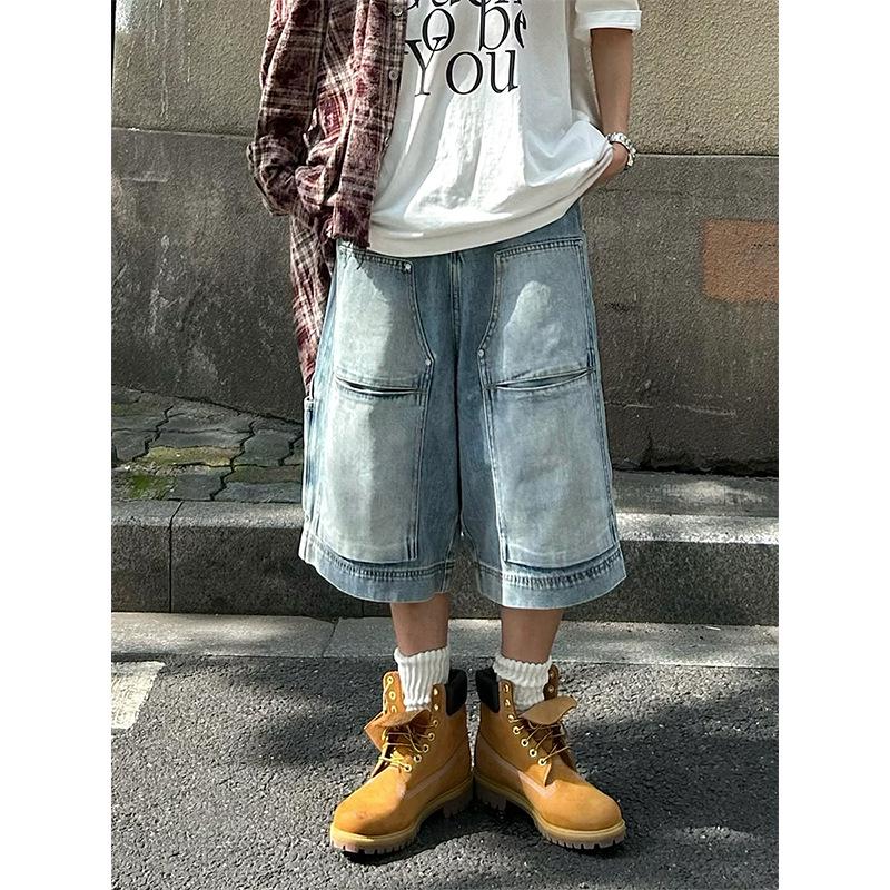 Unisex Retro Loose-Fit Multi-Pocket Denim Jeans - Straight-Leg Cropped Workwear Style L синий