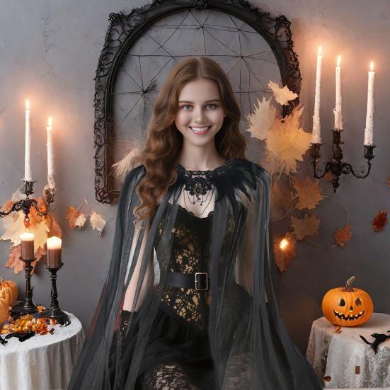 Kvinner Svart Fjær Bolero Cape Skulderomslag Gotisk Fjærkledd Epålett Cape Blondekrage med Tyllslør Halloween Kostymetilbehør