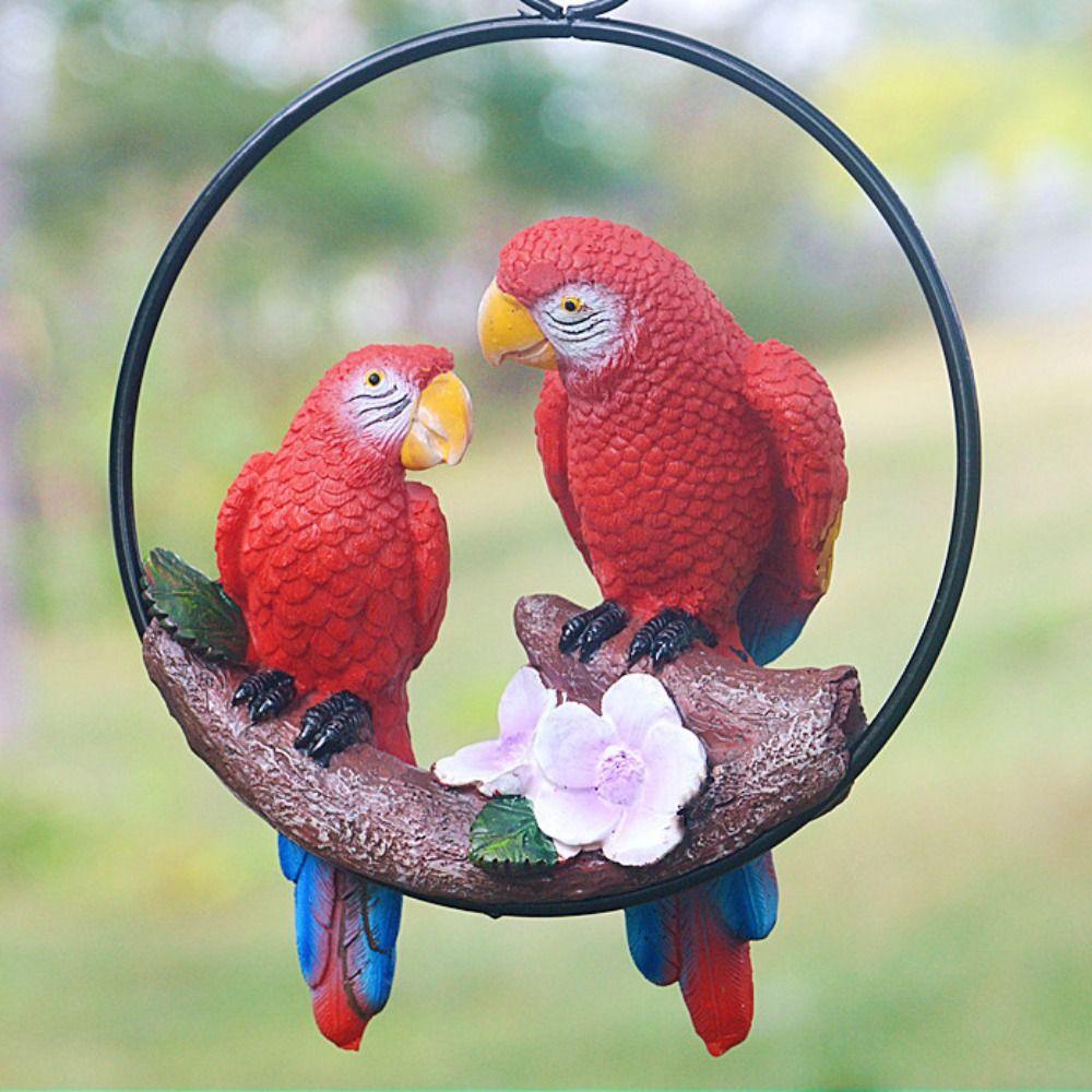 Iron Circle Double Parrot Pendant Cute Animal Sculpture Figurine Crafts Bird Statue  Lawn