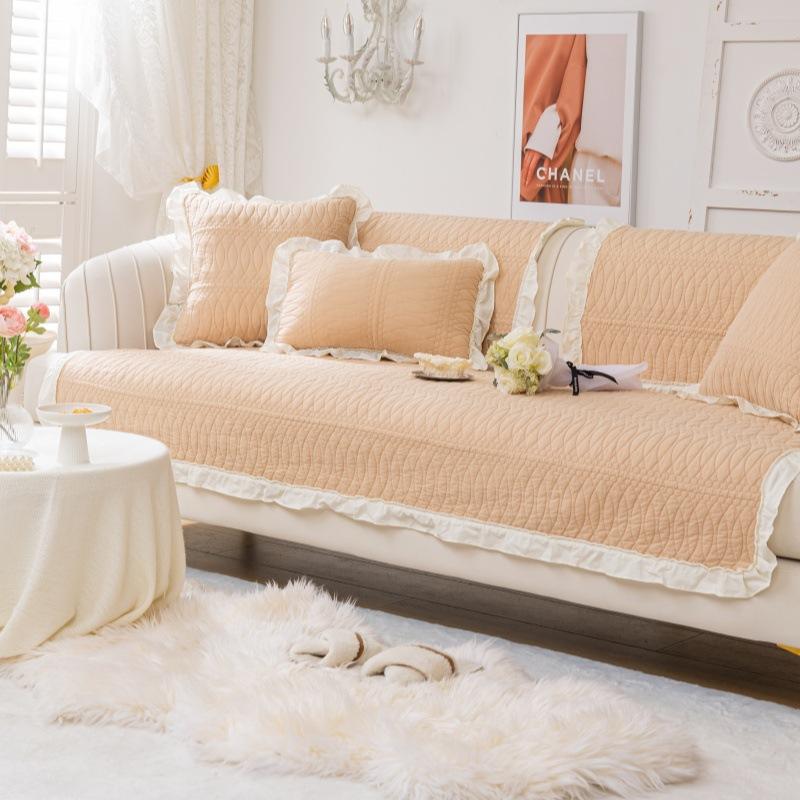 Pure Cotton Ruffle Edge Sofa Cushion Universal In All Seasons, Cotton Fabric Non-Slip Seat Cushion Cover Cloth, Simple Modern Sofa Cover