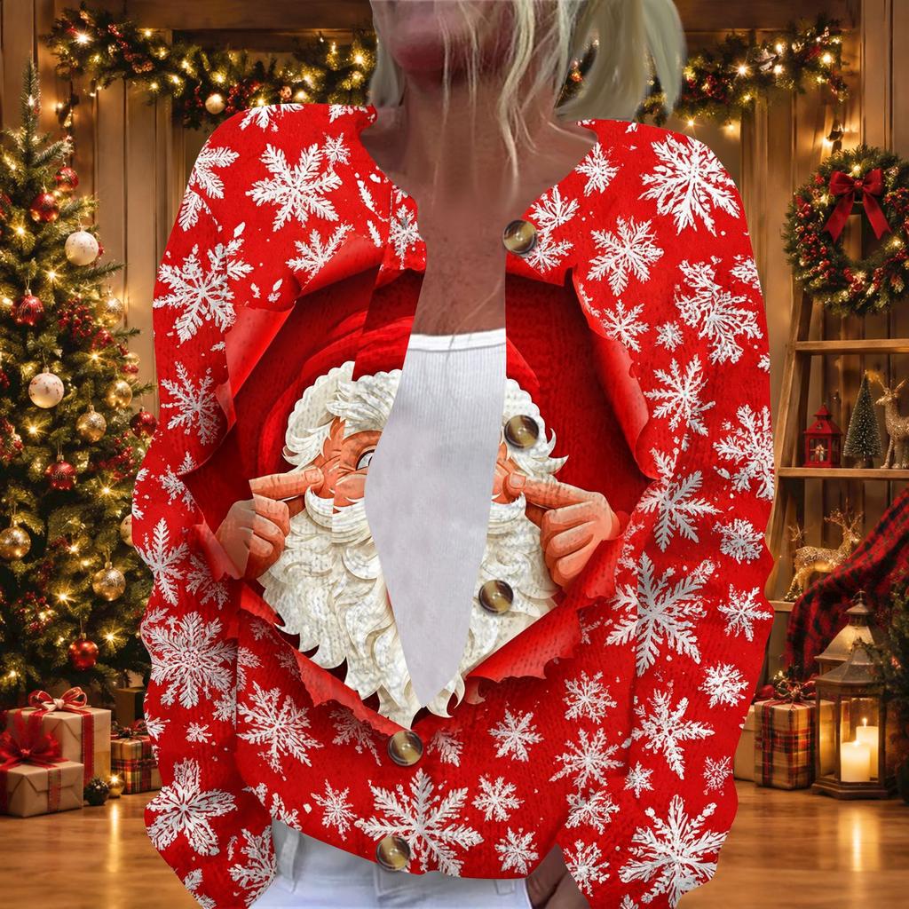 Women's Casual Stylish Christmas Print Long Sleeve Button Down Knit Cardigan