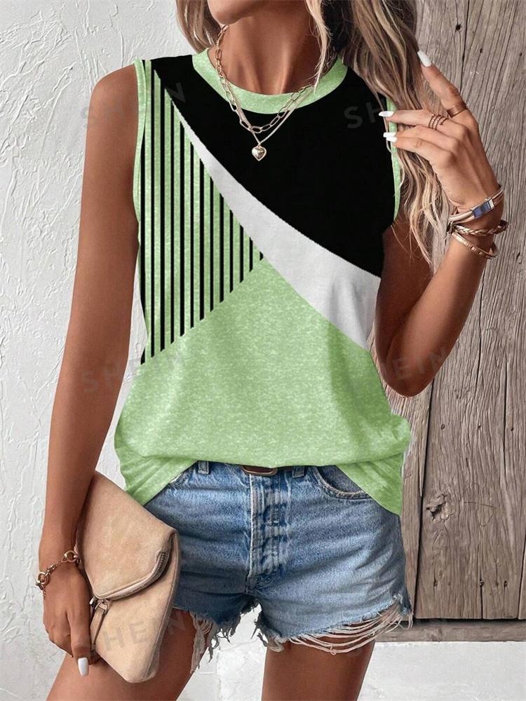 2026 New Striped Print Women's Elegant Tank Top Summer Street Fashion Tank Top Everyday Casual Women's Sleeveless T-shirt