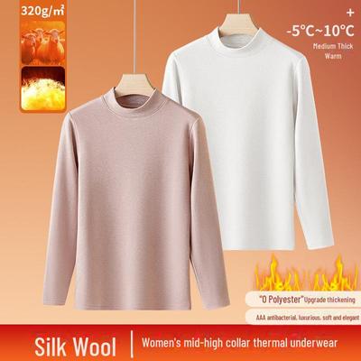 Autumn/Winter Women's Wool Blend Half-High Collar Top with Silk, Plush-Lined for Extra Warmth
