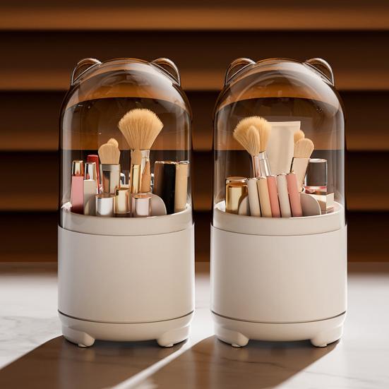 Makeup Brush Holder with Clear Lid 360-Degree Rotating Cosmetic Organizer Dust-proof Makeup Pen Organizer for Vanity Bathroom Desktop
