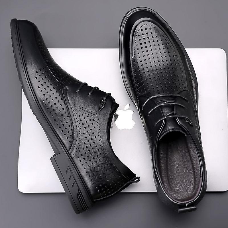Men's summer leather shoes first layer cowhide business dress pointed hollow men's shoes breathable high-end leather casual shoes