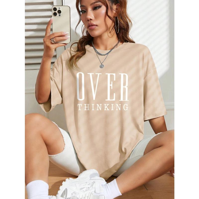 Plus Over Thinking Letter Print Women Cotton Short Sleeve Breathable O-Neck Tops All-math Casual T-Shirts Female Tee Clothing
