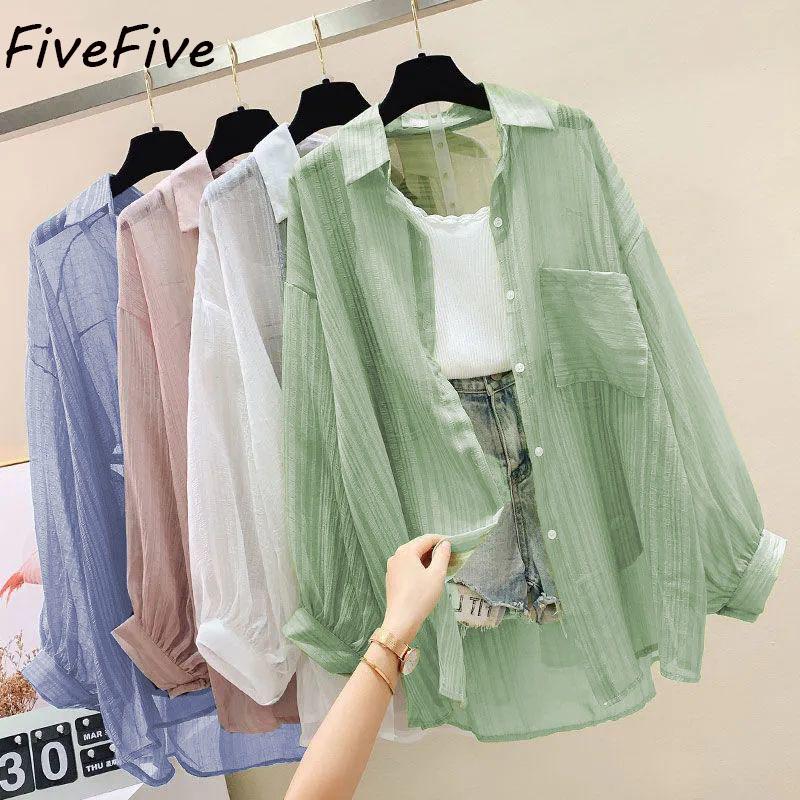 

Летняя солнцезащитная рубашка FiveFive, элегантная тонкая шифоновая блузка в Корейском стиле в стиле Харадзюку, прозрачный свободный топ, повседневный женский кардиган больших размеров