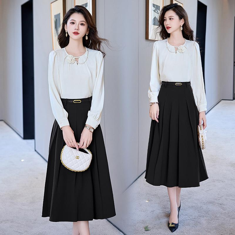 

Женский комплект из двух предметов: плиссированная рубашка и юбка миди, весна-осень, новый темперамент, талия, профессиональный, комплект юбки полусолнце XXL