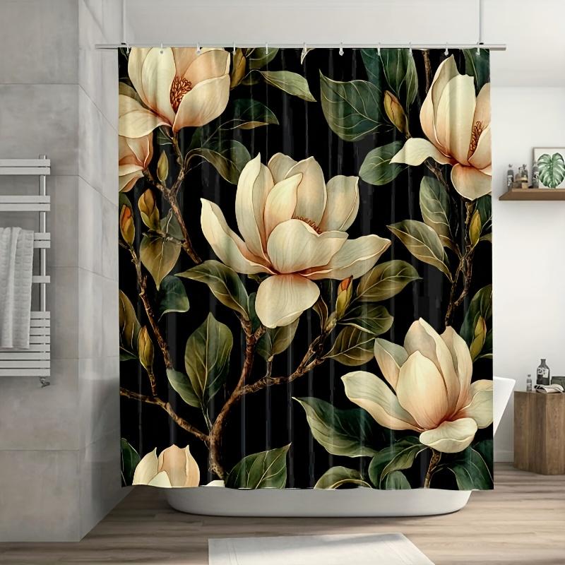 

1Pc Magnolia Floral Shower Curtain - Black Background, White Flowers & Green Leaves,71X71 Inch, Polyester, Summer Bathroom Decor W60H190(CM)-1 Pcs