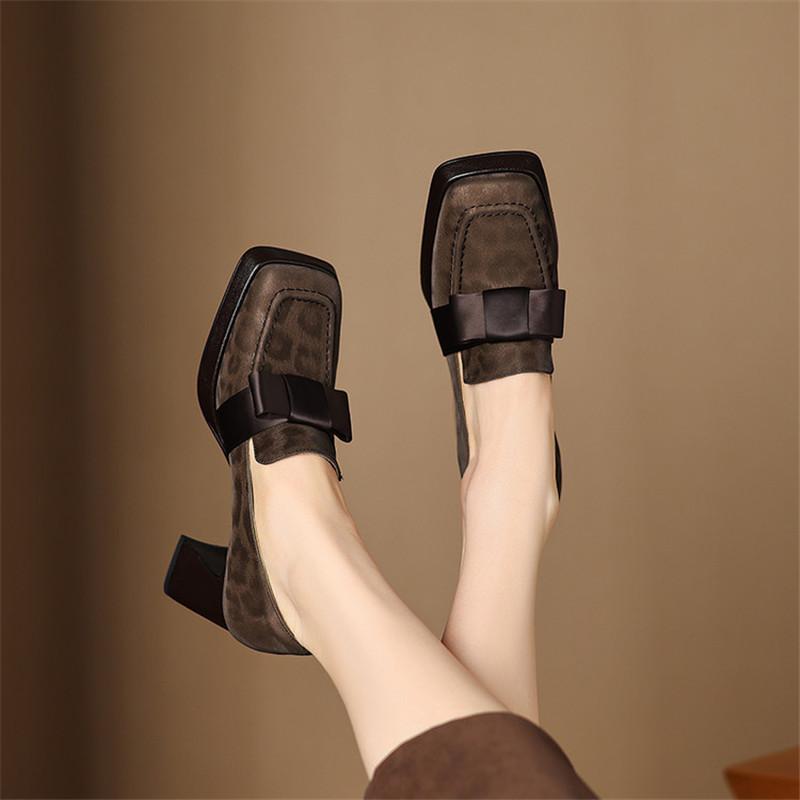Fashion New Spring/summer Square Toe Genuine Leather Shoes for Women Fashion Leopard Print Women Pumps Women Shoes High Heels Loafers