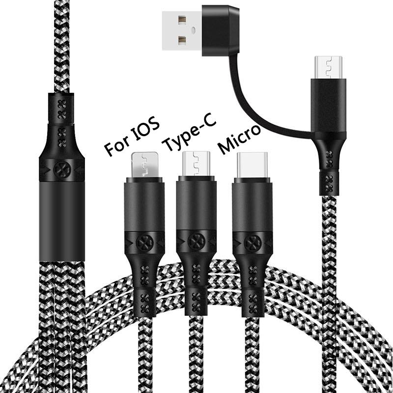Nylon Braided 3 In 1 Multiple Usb Cable Adapter Super Fast Charging For Type-c Iphone Android