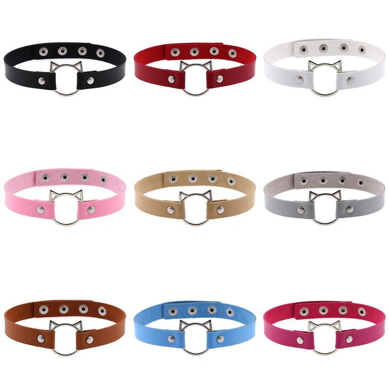 Cat Ear O-Ring Choker Necklace Punk PU Leather Collar for Women Harajuku Jewelry