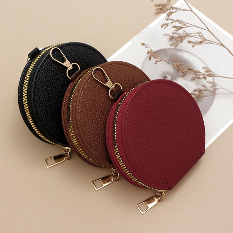 1PC PU Leather Mini Coin Purse Fashion with Chain Multifunctional Zipper Key Holder Bag Round Wallet