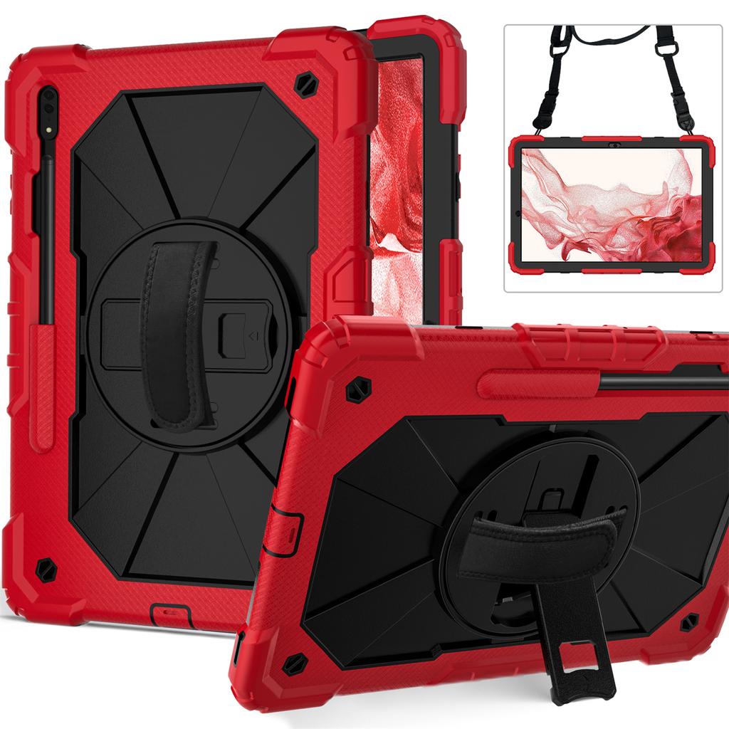 For Samsung Galaxy Tab S7/ Tab S8/ Tab S7 FE/ Tab S7+/ Tab S8+ Built-In Apple Pencil Groove Shoulder Strap Design 360° Rotating Grip Shockproof Case