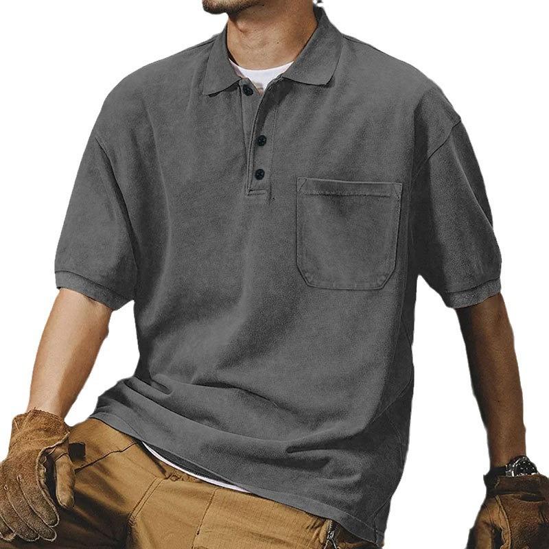 New Button Short Sleeve Men's T-shirt Summer Retro Loose Short Sleeve Men's T-shirt