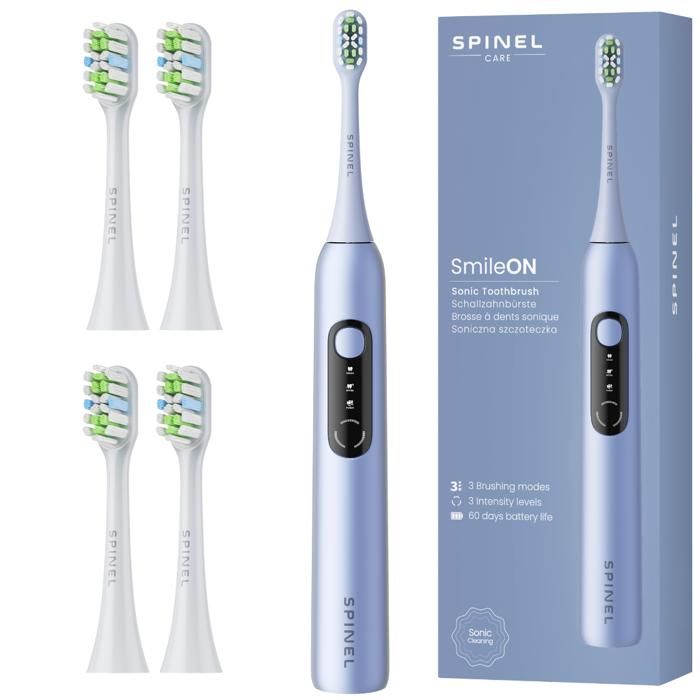Brosse à dents sonique - SPINEL - Care SmileON Blue - 4 têtes de rechange - Rechargeable USB - Mixte