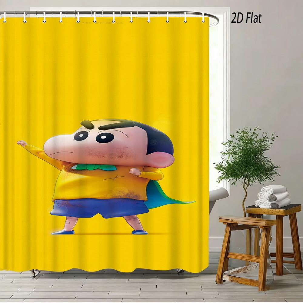 Crayon Shin-Chan Cheese & Shiro 2D Print Waterproof Shower Curtain, Cute Cartoon Bathroom Decor With Hooks