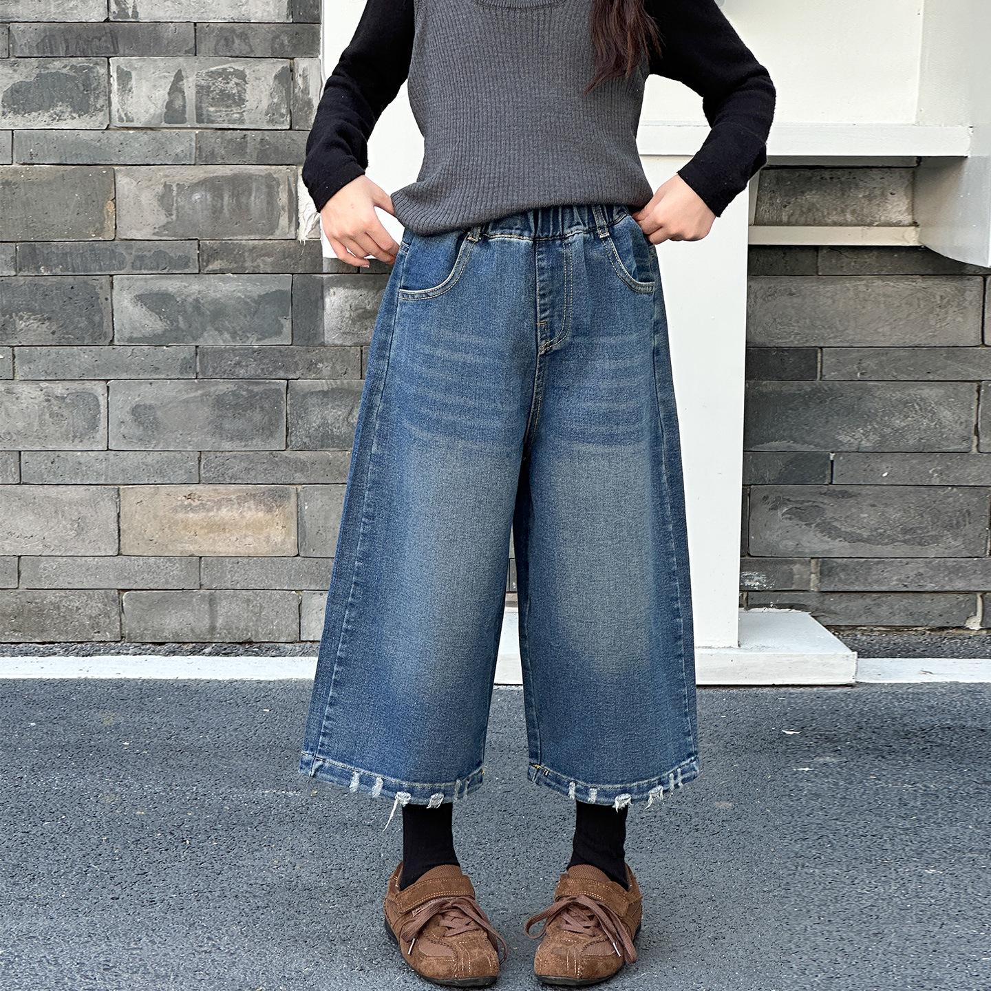 

2025 New Korean Style Girls Eight-Point Straight-Leg Jeans for Autumn and Winter 150 cm