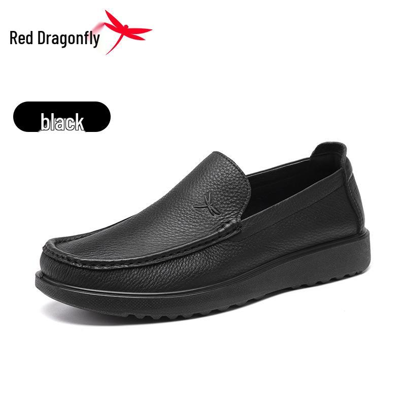 Red Dragonfly Men s Wide Toe Casual Leather Loafers - Summer Slip-On Genuine Cowhide with Thick Sole 42 чёрный