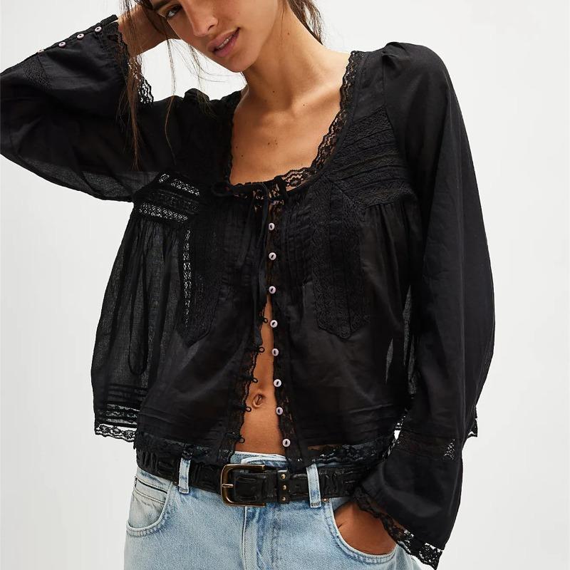 Women Y2k Vintage Long Sleeve Lace Up Blouse Scoop Neck Open Front Tie Lace Trim Crop Ruffle Solid Color Shirt