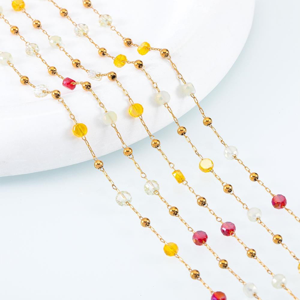 1M Stainless Steel Round Crystal Beaded Chains Gold Color Link Chain for DIY Boho Necklace Bracelet Chain Jewelry Making Materia