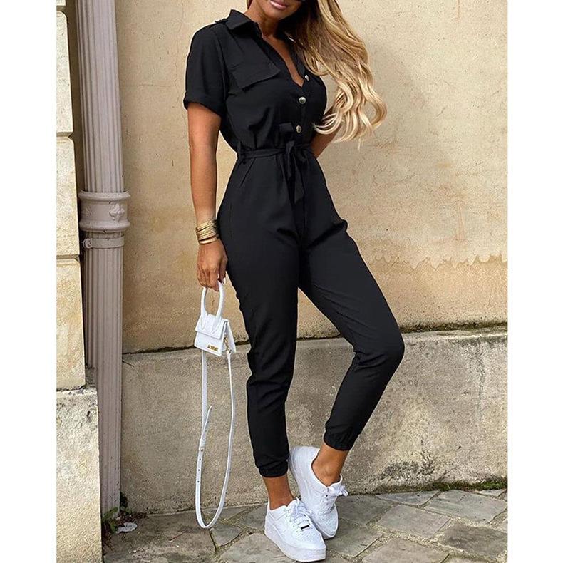 Summer Women's Trousers Casual Lapel Button Print Belt Cargo Jumpsuit