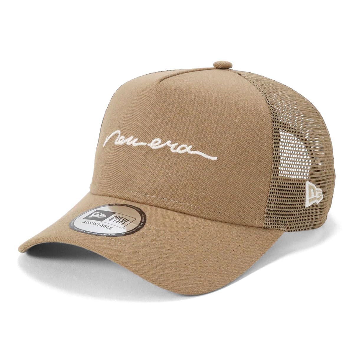 

New Era 9Forty Trucker Handwritten Logo Mesh Free ONSPOTZ Exclusive A-Frame Cap, Khaki, Size,