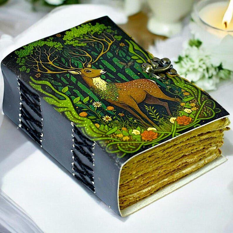 Vintage Leather Journal: Deer Print, Deckle Edge Paper, Book of Shadows