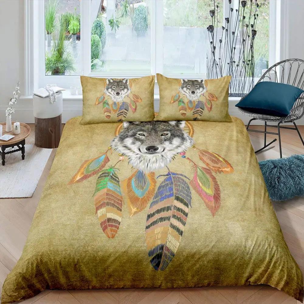 Wolf Dreamcatcher Duvet Cover Set Full Size Indian Dreamcatcher Animal 3D Bedding Set Exotic Style Bohemia Comforter/Quilt Cover