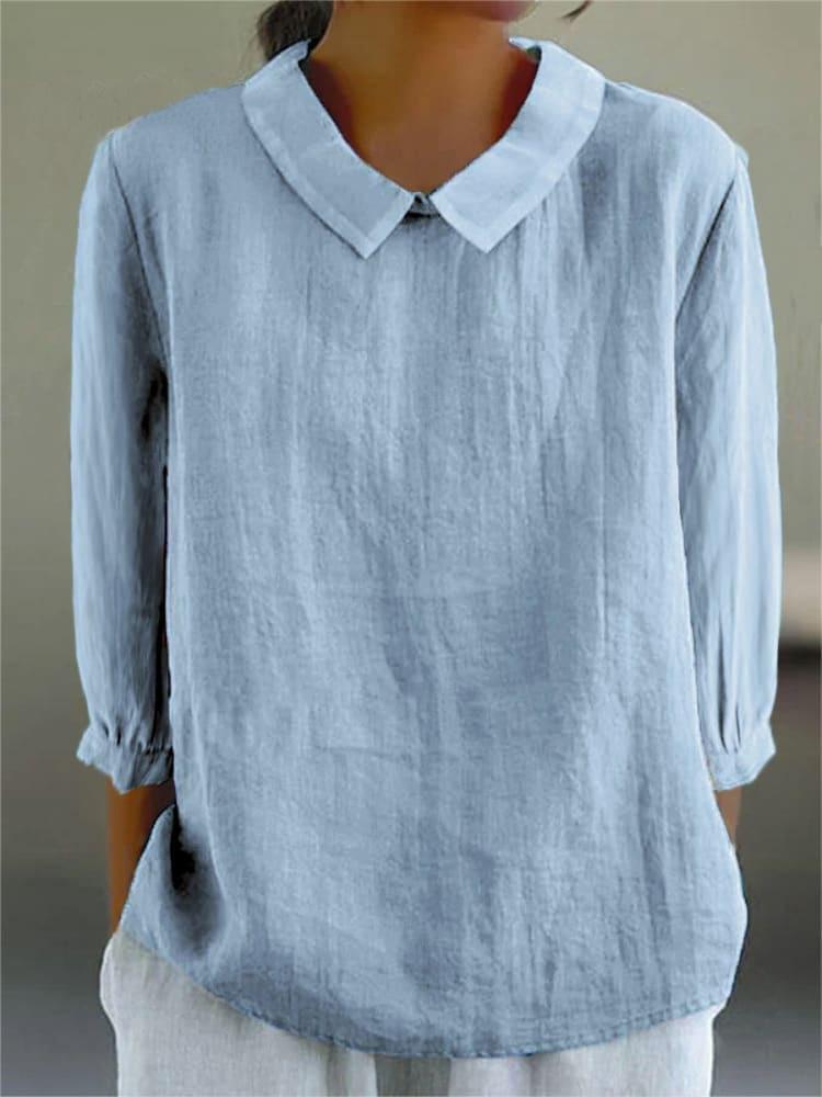 Women's Peter Pan Collar Cotton Blouse 3/4 Sleeve Loose Casual Pullover Shirt Summer Solid Textured Tunic Top