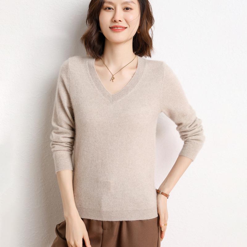 Cashmere Women's 100-Stitch Knit V-Neck Pullover Sweater for Autumn/Winter