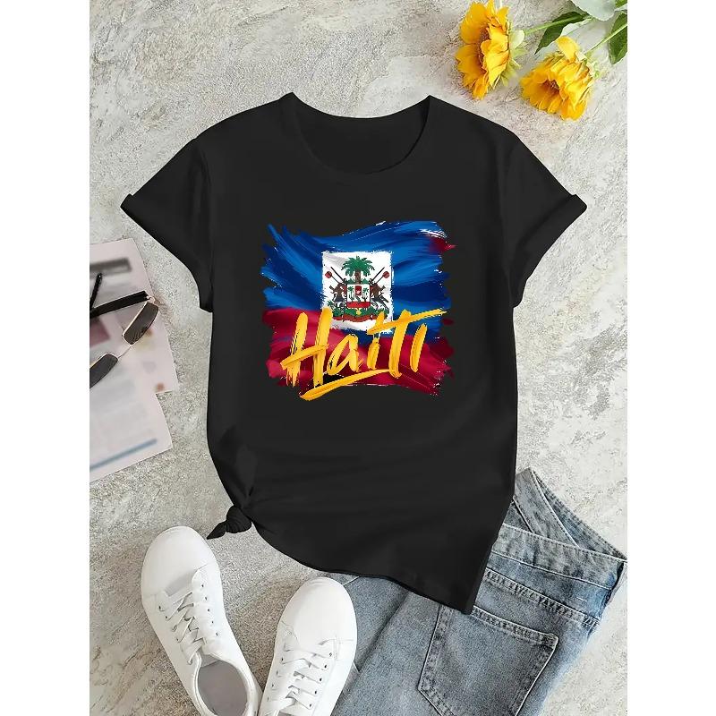 T-shirt Casual da Donna con Stampa Lettere Bandiera Haiti Taglia Europea - Misto Poliestere Lavorato a Maglia, Girocollo, Manica Corta, Tessuto Elasticizzato, Top Versatile per Ogni Stagione