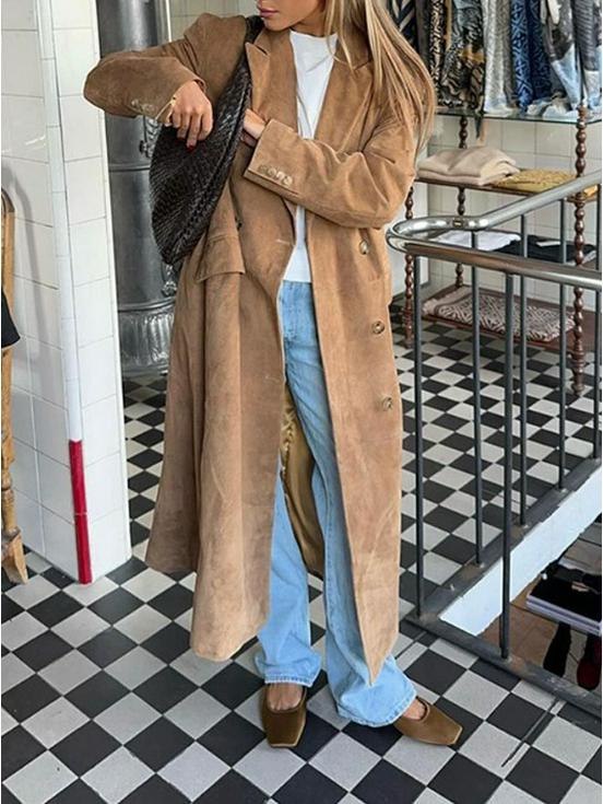 Available: Women's European and American Style Double-Breasted Faux Suede Long Coat with Collar and Long Sleeves