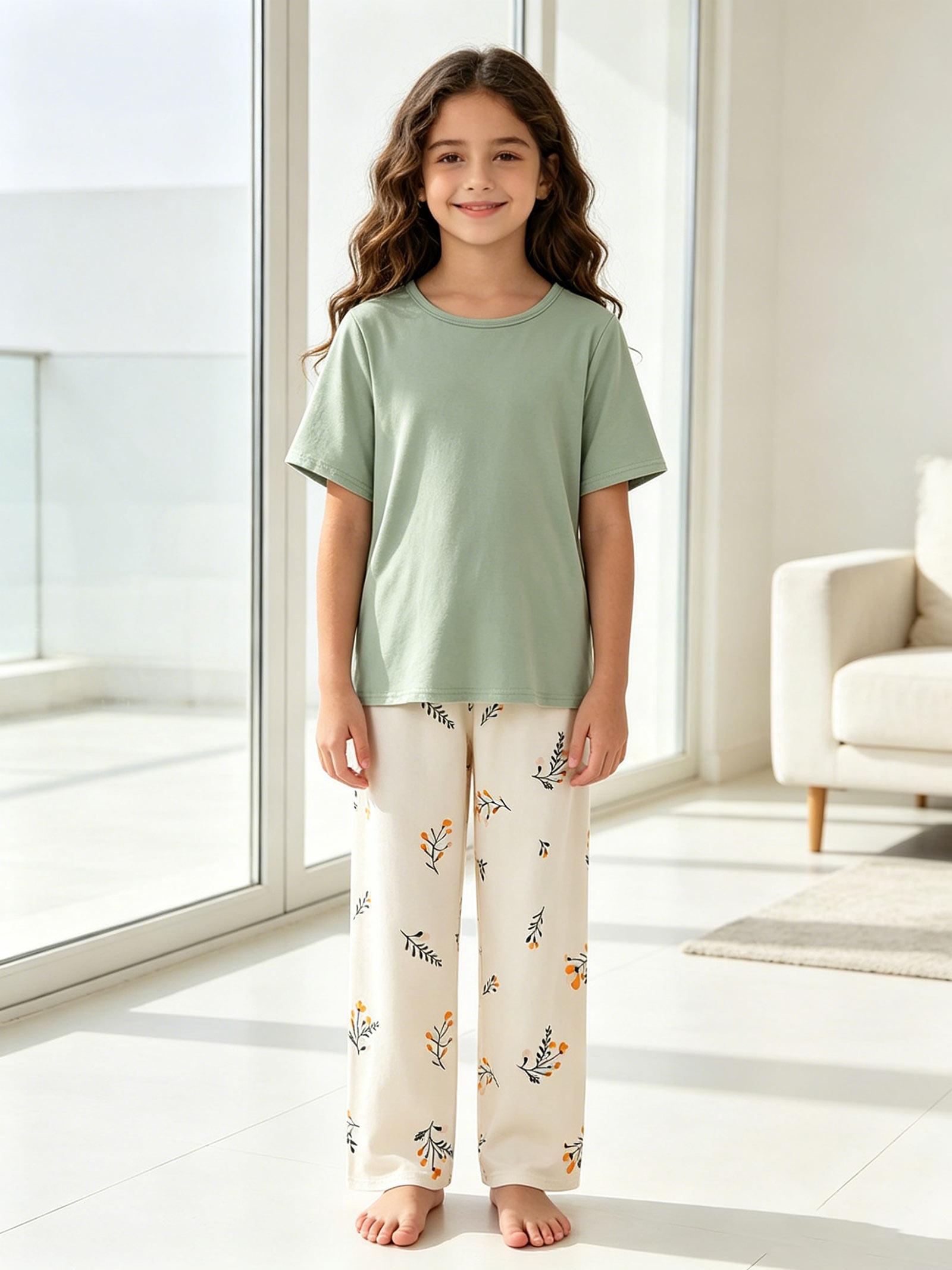 

Girls Pajama Set, Soft Short Sleeve Green Top & Floral Print Pants, Cute Kids Loungewear Sleepwear for 8-12Y 12Y зелений