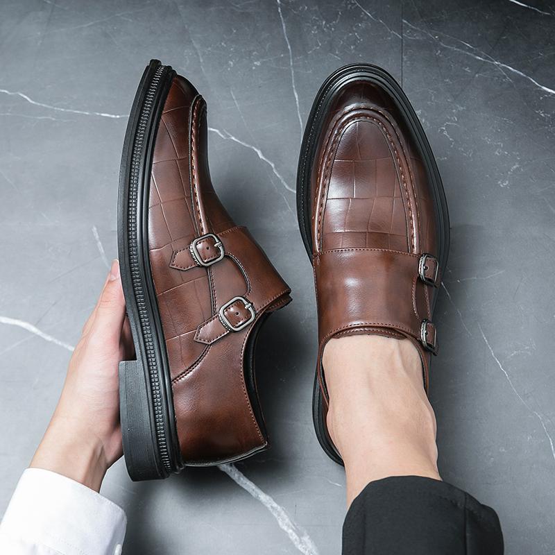 Fashion New Men Retro Loafers Round Toe Black Brown Double Buckle Leather Shoes Casual Fashion Formal Shoes Size 38-46 Men Shoes