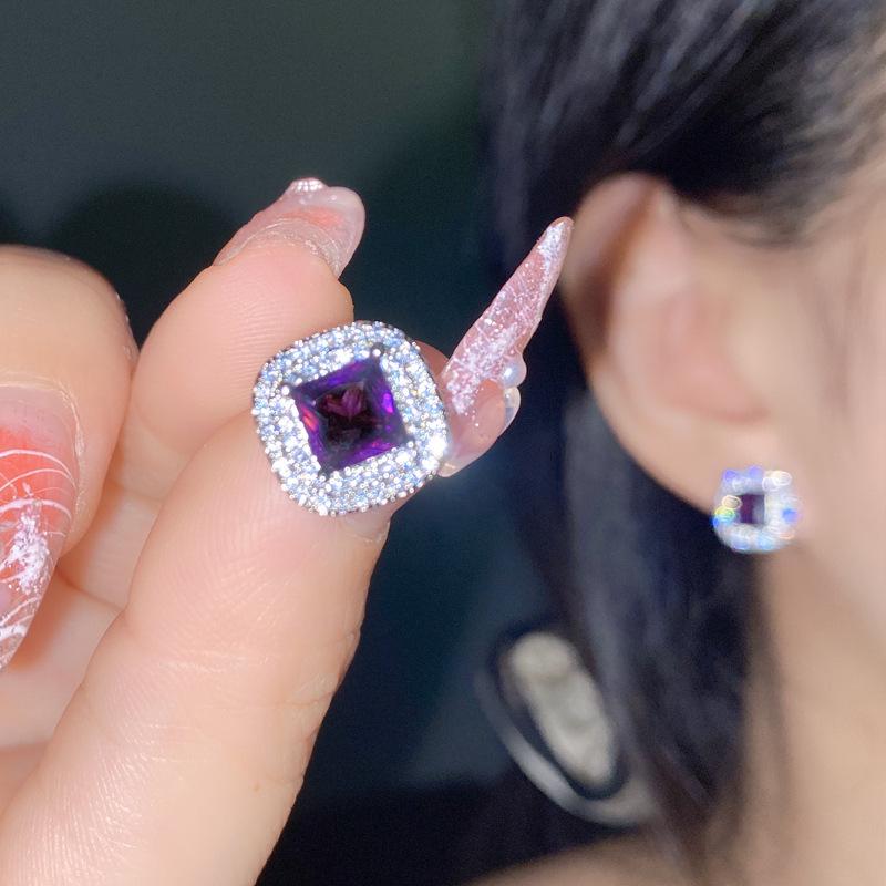 Purple & Pink Gemstone Jewelry Set: Grape Stud Earrings and Asscher Cut Adjustable Ring