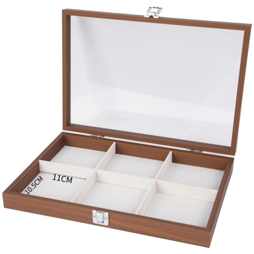 Retro Jewelry Display Tray Decorative Rectangle Watch Display Tray with Compartments Soft Lining Glass-Lid Box Earring Storage