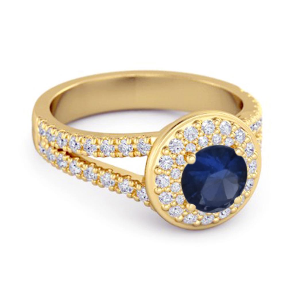 Blue Sapphire Double Halo Accents Ring - 925 Sterling Silver Gold Vermeil