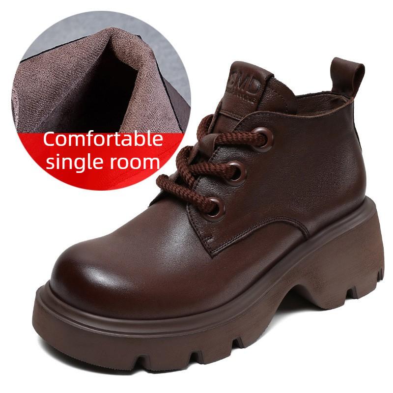 Genuine Leather High-top Platform Ankle Boots with Thick Soles Stylish Lace-up Design British Retro Style