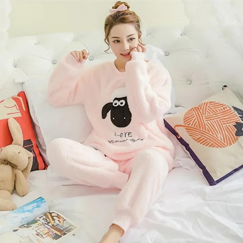Warm Sleepwear for Winterplus Size Women Winter Thickened Coral Velvet Cartoon Korean Version Long Sleeve Long Pants Student