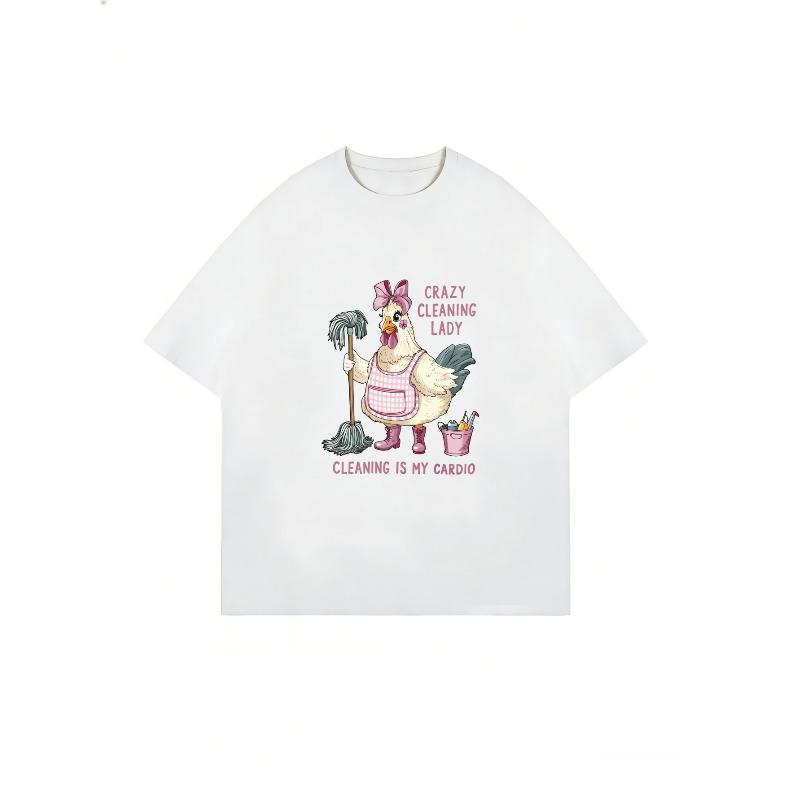 Oversized T-Shirt Black Chicken Cleaning Lady Graphic With Text Crazy Cleaning Lady Cleaning Is My Cardio Casual Wear For Women