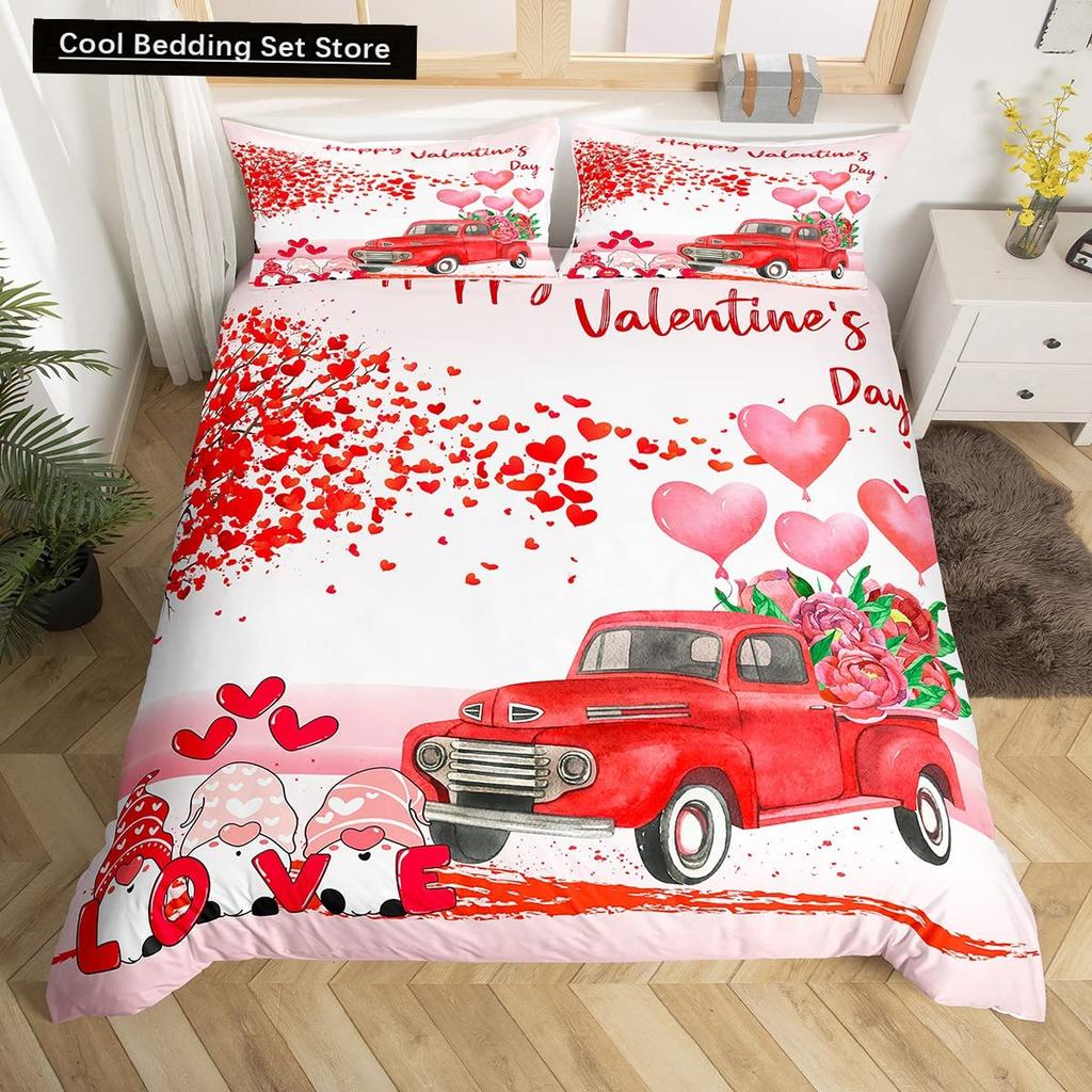 Valentinstag King Bettbezug Romantisches Bettwäsche-Set Kawaii Paar Wichtel Bettdeckenbezug Rosa Rosen Herzen Polyester Steppdeckenbezug