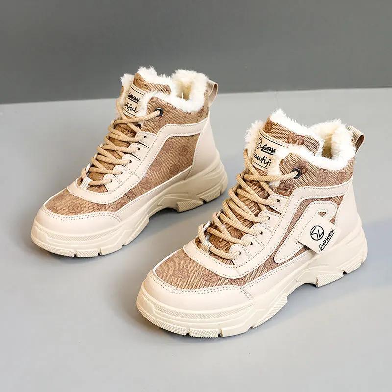 New 2025 Winter Patchwork Womens Boots Fleece Warm Middle Platform Shoes Winter Snow Boots Casual Warm Outdoor Ankle Boots