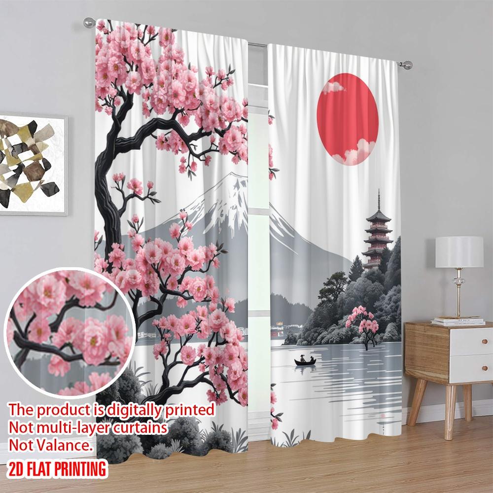 2D Flat Printing 2pcs Curtain Oriental Cherry Versatile Polyester  Without Electricity Versatile Use for All Occasions Decorate