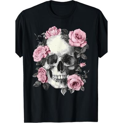 Skull and Roses Graphic T-Shirt Black Short Sleeve Crew Neck Edgy Casual Tee for Men