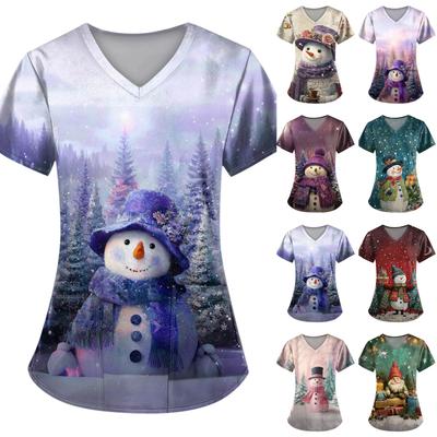Ladies' Fashionable V-neck Pocket Short Sleeved Christmas Tree Printed Caregiver Shirt