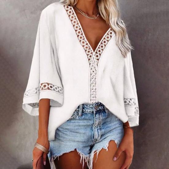 Blouse Solid Color Loose 4 Colors Women Hollow Out Lace Stitching Tops