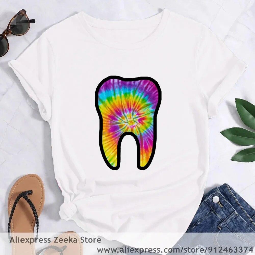 Zahn und Zahnarzt Grafik Ästhetik Frauen Lustige Print Damen T-shirt Mädchen Y2K Harajuku Basis O-kragen Weißes Hemd Kurze