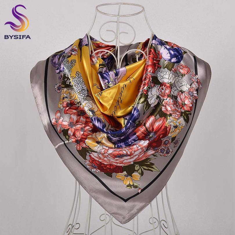 BYSIFA|Navy Blue Pink Silk Square Scarf Printed Women Brand Satin Scarves Shawls China Style Peach Blossom Design Head Scarf